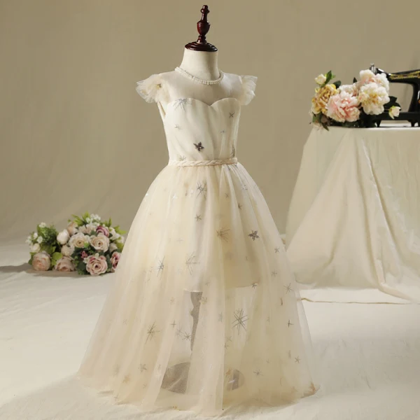 Chic / Beautiful Church Wedding Party Dresses 2017 Flower Girl Dresses Champagne Floor-Length / Long A-Line / Princess Pearl Scoop Neck Sleeveless Braid Sash Sequins Appliques
