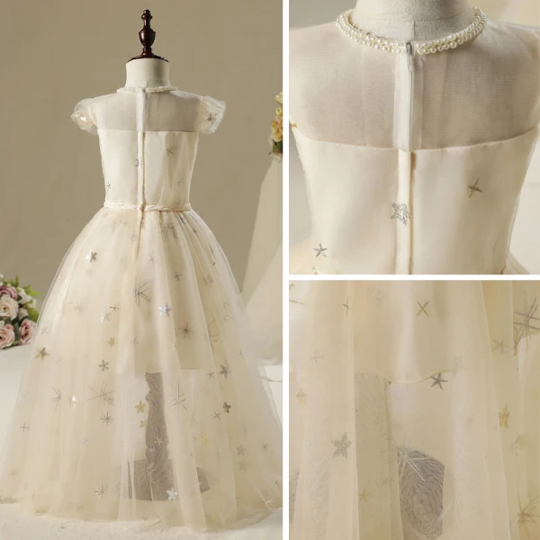 Chic / Beautiful Church Wedding Party Dresses 2017 Flower Girl Dresses Champagne Floor-Length / Long A-Line / Princess Pearl Scoop Neck Sleeveless Braid Sash Sequins Appliques