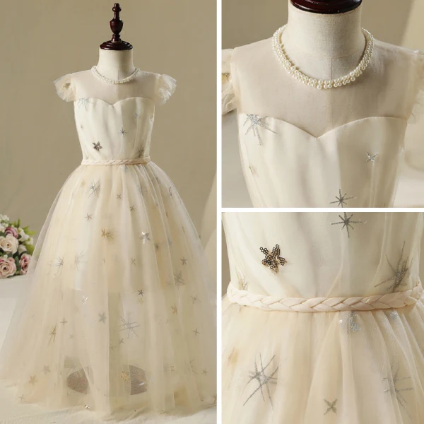 Chic / Beautiful Church Wedding Party Dresses 2017 Flower Girl Dresses Champagne Floor-Length / Long A-Line / Princess Pearl Scoop Neck Sleeveless Braid Sash Sequins Appliques