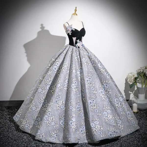 Unusual Black Beading Lace Flower Printing Prom Dresses 2025 Ball Gown Spaghetti Straps Sleeveless Backless Floor-Length / Long Formal Dresses