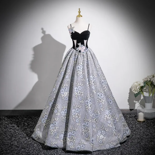 Unusual Black Beading Lace Flower Printing Prom Dresses 2025 Ball Gown Spaghetti Straps Sleeveless Backless Floor-Length / Long Formal Dresses