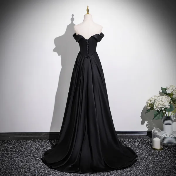 Sexy Schwarz Satin Abendkleider 2025 A Linie Bandeau Ärmellos Rückenfreies Lange Festliche Kleider