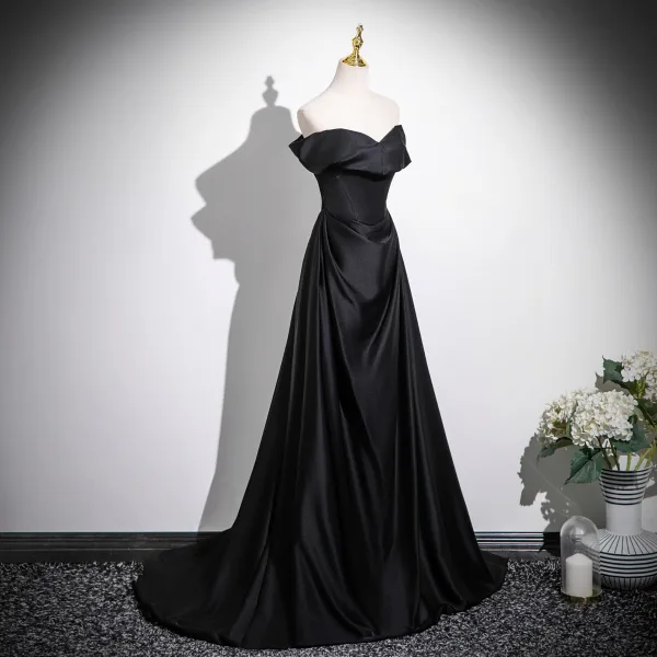 Sexy Schwarz Satin Abendkleider 2025 A Linie Bandeau Ärmellos Rückenfreies Lange Festliche Kleider