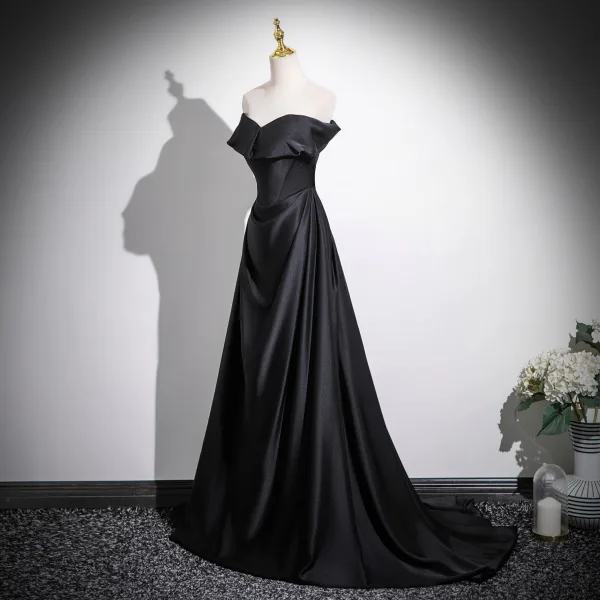 Sexy Schwarz Satin Abendkleider 2025 A Linie Bandeau Ärmellos Rückenfreies Lange Festliche Kleider
