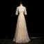 Bling Bling Champagne Sequins Prom Dresses 2024 A-Line / Princess Scoop Neck Short Sleeve Backless Bow Sash Floor-Length / Long Prom Formal Dresses