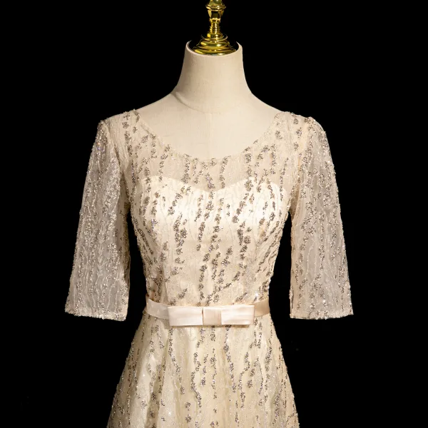 Bling Bling Champagne Sequins Prom Dresses 2024 A-Line / Princess Scoop Neck Short Sleeve Backless Bow Sash Floor-Length / Long Prom Formal Dresses