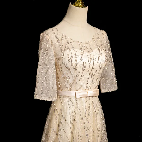 Bling Bling Champagne Sequins Prom Dresses 2024 A-Line / Princess Scoop Neck Short Sleeve Backless Bow Sash Floor-Length / Long Prom Formal Dresses