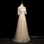 Bling Bling Champagne Sequins Prom Dresses 2024 A-Line / Princess Scoop Neck Short Sleeve Backless Bow Sash Floor-Length / Long Prom Formal Dresses
