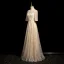 Bling Bling Champagne Sequins Prom Dresses 2024 A-Line / Princess Scoop Neck Short Sleeve Backless Bow Sash Floor-Length / Long Prom Formal Dresses
