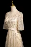 Bling Bling Champagne Sequins Prom Dresses 2024 A-Line / Princess Scoop Neck Short Sleeve Backless Bow Sash Floor-Length / Long Prom Formal Dresses