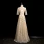 Bling Bling Champagne Sequins Prom Dresses 2024 A-Line / Princess Scoop Neck Short Sleeve Backless Bow Sash Floor-Length / Long Prom Formal Dresses
