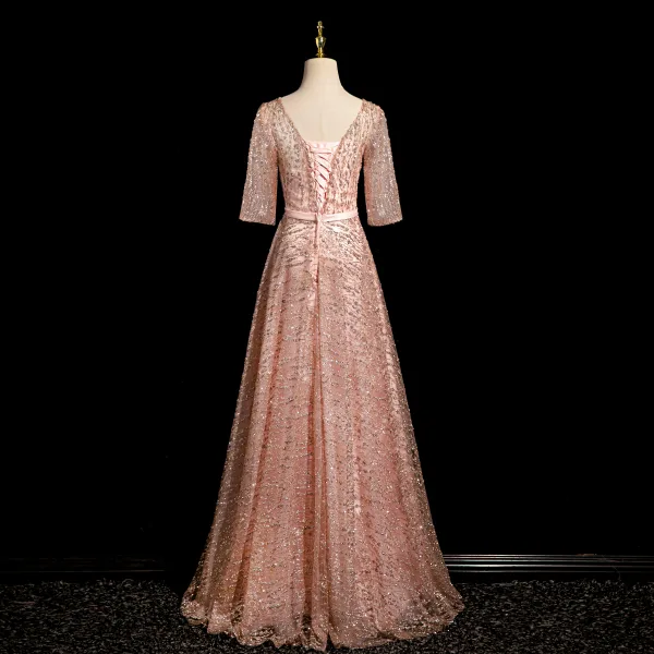 Bling Bling Rougissant Rose Paillettes Noeud Ceinture Robe De Bal 2024 Princesse Encolure Dégagée Manches Courtes Dos Nu Longue Promo Robe De Ceremonie