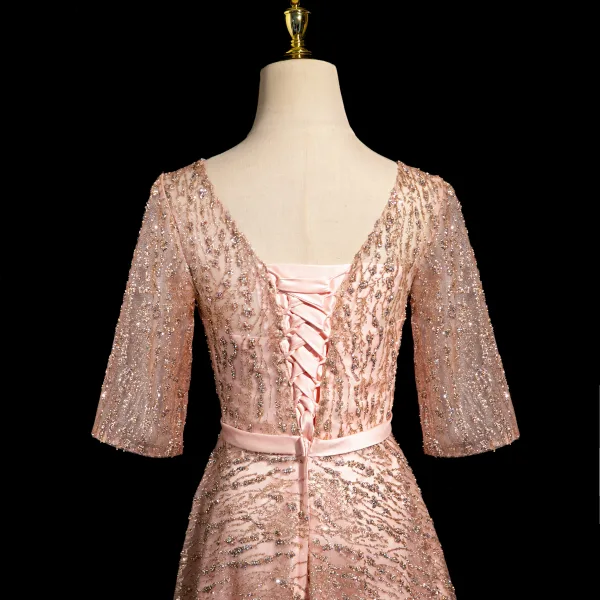 Bling Bling Rougissant Rose Paillettes Noeud Ceinture Robe De Bal 2024 Princesse Encolure Dégagée Manches Courtes Dos Nu Longue Promo Robe De Ceremonie