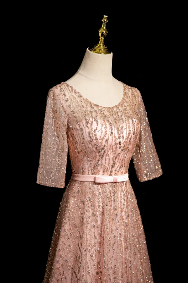 Bling Bling Rougissant Rose Paillettes Noeud Ceinture Robe De Bal 2024 Princesse Encolure Dégagée Manches Courtes Dos Nu Longue Promo Robe De Ceremonie
