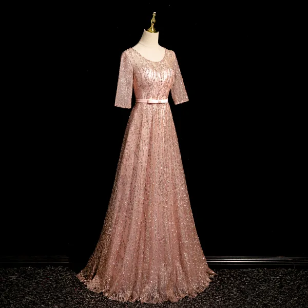 Bling Bling Rougissant Rose Paillettes Noeud Ceinture Robe De Bal 2024 Princesse Encolure Dégagée Manches Courtes Dos Nu Longue Promo Robe De Ceremonie