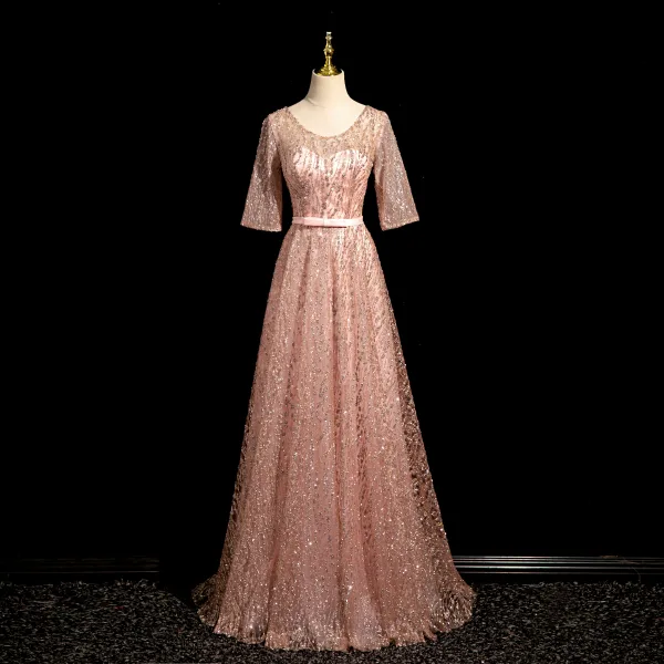 Bling Bling Rougissant Rose Paillettes Noeud Ceinture Robe De Bal 2024 Princesse Encolure Dégagée Manches Courtes Dos Nu Longue Promo Robe De Ceremonie