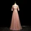 Bling Bling Rougissant Rose Paillettes Noeud Ceinture Robe De Bal 2024 Princesse Encolure Dégagée Manches Courtes Dos Nu Longue Promo Robe De Ceremonie