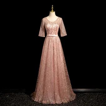 Bling Bling Blushing Pink Sequins Bow Sash Prom Dresses 2024 A Line Princess Scoop Neck Short Sleeve Backless Floor Length Long Prom Formal Dresses