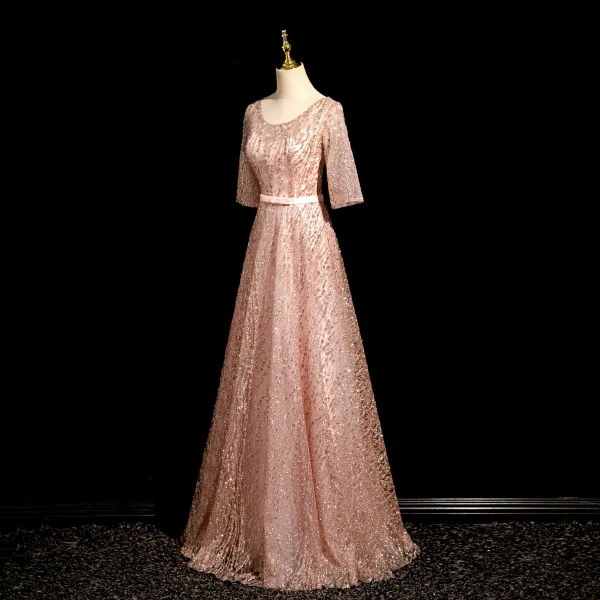 Bling Bling Rougissant Rose Paillettes Noeud Ceinture Robe De Bal 2024 Princesse Encolure Dégagée Manches Courtes Dos Nu Longue Promo Robe De Ceremonie