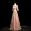 Bling Bling Rougissant Rose Paillettes Noeud Ceinture Robe De Bal 2024 Princesse Encolure Dégagée Manches Courtes Dos Nu Longue Promo Robe De Ceremonie