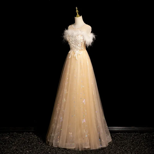 Fashion Champagne Pearl Rhinestone Lace Flower Sequins Butterfly Prom Dresses 2024 A-Line / Princess Scoop Neck Feather Sleeveless Backless