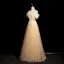 Fashion Champagne Pearl Rhinestone Lace Flower Sequins Butterfly Prom Dresses 2024 A-Line / Princess Scoop Neck Feather Sleeveless Backless
