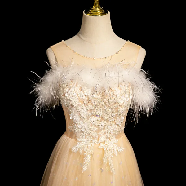 Fashion Champagne Pearl Rhinestone Lace Flower Sequins Butterfly Prom Dresses 2024 A-Line / Princess Scoop Neck Feather Sleeveless Backless