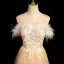 Fashion Champagne Pearl Rhinestone Lace Flower Sequins Butterfly Prom Dresses 2024 A-Line / Princess Scoop Neck Feather Sleeveless Backless