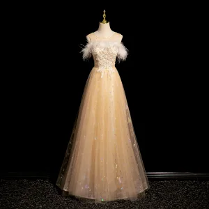 Mode Champagne Parel Rhinestone Kant Bloem Pailletten Vlinder Galajurken 2024 A Lijn Ronde Hals Veer Mouwloos Ruglooze