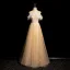 Fashion Champagne Pearl Rhinestone Lace Flower Sequins Butterfly Prom Dresses 2024 A-Line / Princess Scoop Neck Feather Sleeveless Backless