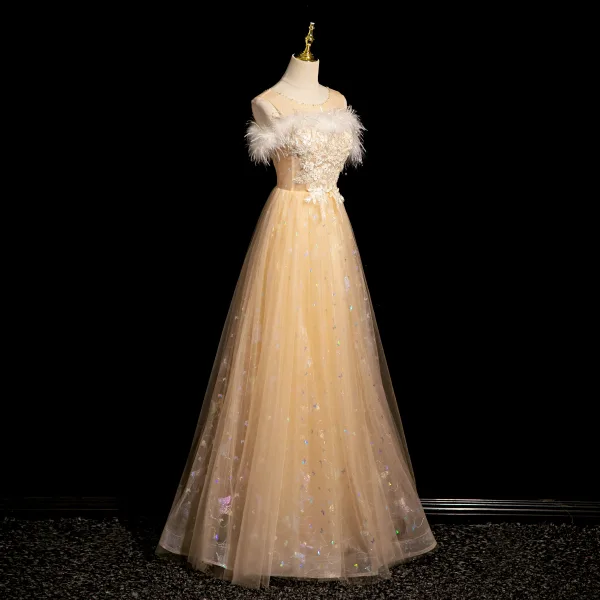 Fashion Champagne Pearl Rhinestone Lace Flower Sequins Butterfly Prom Dresses 2024 A-Line / Princess Scoop Neck Feather Sleeveless Backless