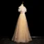 Fashion Champagne Pearl Rhinestone Lace Flower Sequins Butterfly Prom Dresses 2024 A-Line / Princess Scoop Neck Feather Sleeveless Backless