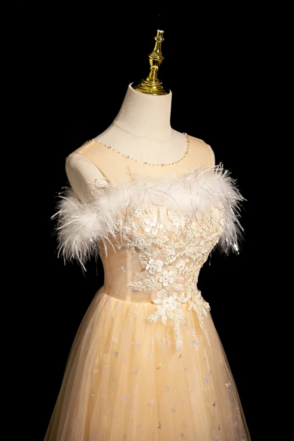 Fashion Champagne Pearl Rhinestone Lace Flower Sequins Butterfly Prom Dresses 2024 A-Line / Princess Scoop Neck Feather Sleeveless Backless