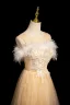 Fashion Champagne Pearl Rhinestone Lace Flower Sequins Butterfly Prom Dresses 2024 A-Line / Princess Scoop Neck Feather Sleeveless Backless