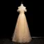 Fashion Champagne Pearl Rhinestone Lace Flower Sequins Butterfly Prom Dresses 2024 A-Line / Princess Scoop Neck Feather Sleeveless Backless