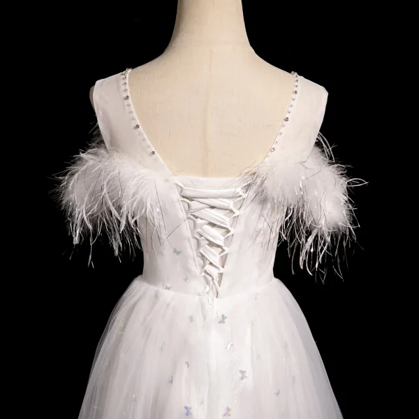 Fashion White Lace Flower Butterfly Appliques Feather Prom Dresses 2024 A-Line / Princess Scoop Neck Sleeveless Backless Floor-Length / Long Prom Formal Dresses