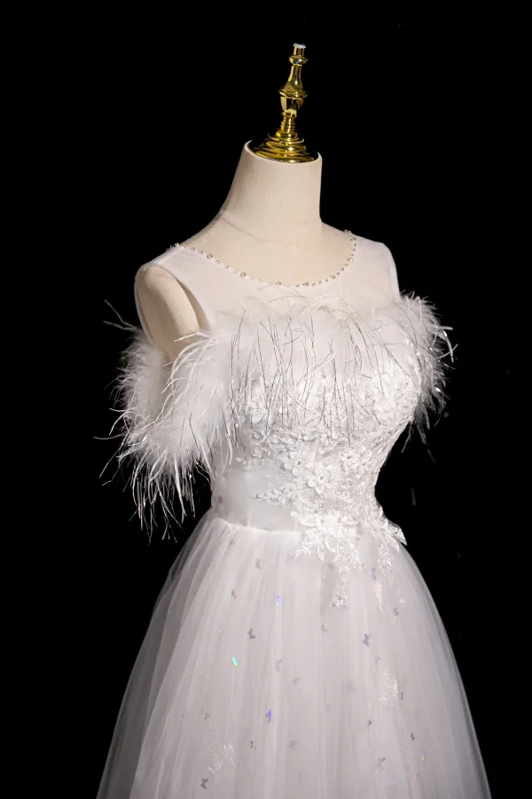 Fashion White Lace Flower Butterfly Appliques Feather Prom Dresses 2024 A-Line / Princess Scoop Neck Sleeveless Backless Floor-Length / Long Prom Formal Dresses