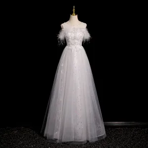 Fashion White Lace Flower Butterfly Appliques Feather Prom Dresses 2024 A Line Princess Scoop Neck Sleeveless Backless Floor Length Long Prom Formal Dresses