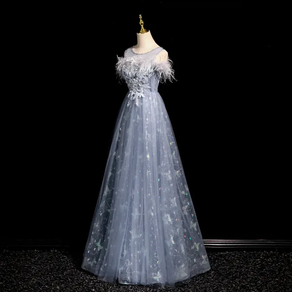 Charming Sky Blue Lace Flower Pearl Feather Butterfly Appliques Prom Dresses 2024 A-Line / Princess Scoop Neck Sleeveless Backless Prom Floor-Length / Long