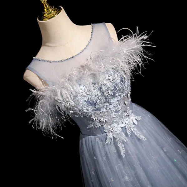 Charming Sky Blue Lace Flower Pearl Feather Butterfly Appliques Prom Dresses 2024 A-Line / Princess Scoop Neck Sleeveless Backless Prom Floor-Length / Long