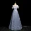 Charming Sky Blue Lace Flower Pearl Feather Butterfly Appliques Prom Dresses 2024 A-Line / Princess Scoop Neck Sleeveless Backless Prom Floor-Length / Long