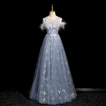 Encantador Azul Cielo Con Encaje Flor Perla Pluma Mariposa Apliques Vestidos De Gala 2024 A Line Princess Scoop Escote Sin Mangas Sin Espalda Gala Largos