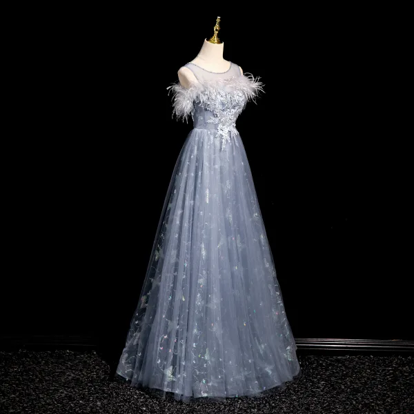 Charming Sky Blue Lace Flower Pearl Feather Butterfly Appliques Prom Dresses 2024 A-Line / Princess Scoop Neck Sleeveless Backless Prom Floor-Length / Long