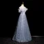 Charming Sky Blue Lace Flower Pearl Feather Butterfly Appliques Prom Dresses 2024 A-Line / Princess Scoop Neck Sleeveless Backless Prom Floor-Length / Long