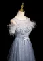 Charming Sky Blue Lace Flower Pearl Feather Butterfly Appliques Prom Dresses 2024 A-Line / Princess Scoop Neck Sleeveless Backless Prom Floor-Length / Long