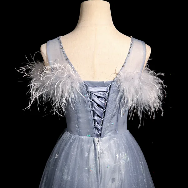 Charming Sky Blue Lace Flower Pearl Feather Butterfly Appliques Prom Dresses 2024 A-Line / Princess Scoop Neck Sleeveless Backless Prom Floor-Length / Long