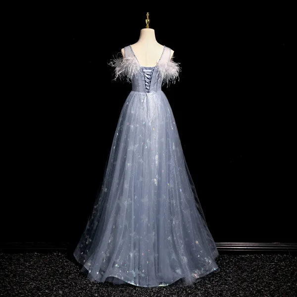 Charming Sky Blue Lace Flower Pearl Feather Butterfly Appliques Prom Dresses 2024 A-Line / Princess Scoop Neck Sleeveless Backless Prom Floor-Length / Long