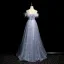 Charming Sky Blue Lace Flower Pearl Feather Butterfly Appliques Prom Dresses 2024 A-Line / Princess Scoop Neck Sleeveless Backless Prom Floor-Length / Long