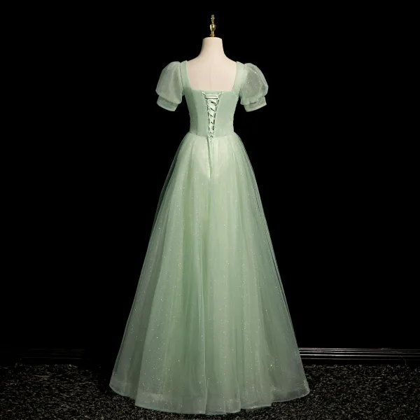 Chic / Beautiful Sage Green Prom Dresses 2024 A-Line / Princess Square Neckline Puffy Short Sleeve Backless Floor-Length / Long Prom Formal Dresses