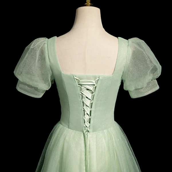 Chic / Beautiful Sage Green Prom Dresses 2024 A-Line / Princess Square Neckline Puffy Short Sleeve Backless Floor-Length / Long Prom Formal Dresses